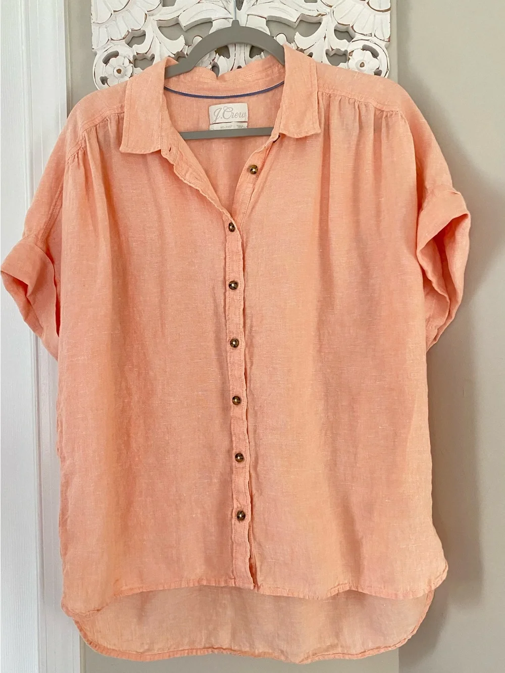 J.Crew Relaxed Fit Baird McNutt Irish Linen Blouse Top Peach Coral L Boho